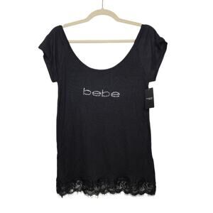 NWT Vintage y2k BEBE Sleepwear Spellout Beaded McBling Black Lace Shirt Small